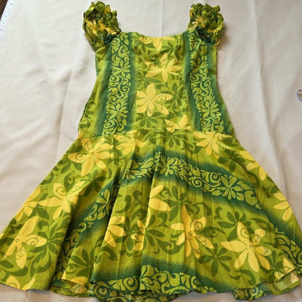 Vintage CC Fashions Green Yellow Tropical Hawaiian Floral Midi Dress size 9
